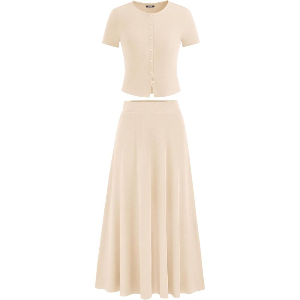 Women’s 2 Piece Knit Skirt Set Summer Crop Top Maxi Skirts Travel Casual